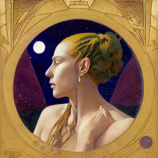 Prompt: queen of the moon with stars in her hair, by nicholas roerich and annie swynnerton and donato giancola and dulac and elihu vedder, dramatic lighting, god rays, geometric tattoos, rich colors, smooth sharp focus, extremely detailed, leo and diane dillon, adolf wolfli