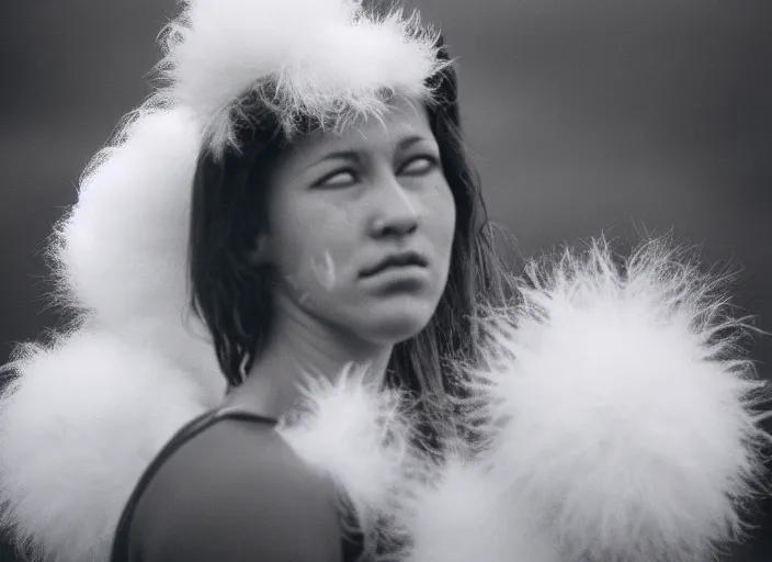 Image similar to realistic photo portrait of the woman volleyball team white cotton fluffy bird white carnival costumes shorts, fluffy pigeon head face portrait, wood in autumn, grey dusk sky with black clouds 1 9 9 0, life magazine reportage photo,