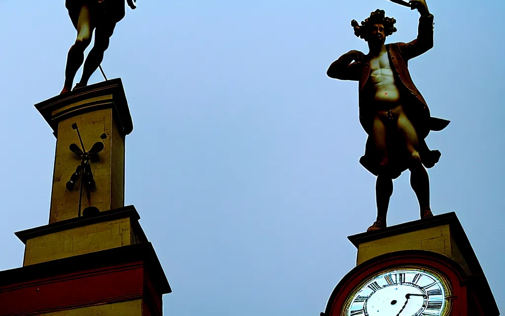 Prompt: a statue of a man standing on top of a clock, a flemish baroque by henry macbeth - raeburn, flickr, rococo, rococo, flemish baroque, sabattier filter