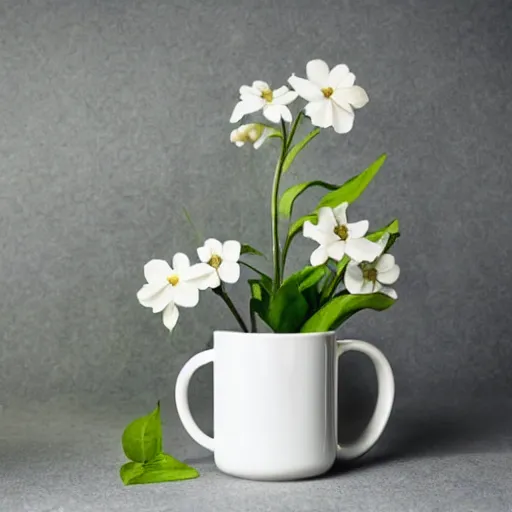 Prompt: ceramic mug surrounded by white flowers and green leaves, soft clean zen minimalist, white background, brightly lit, cool crisp