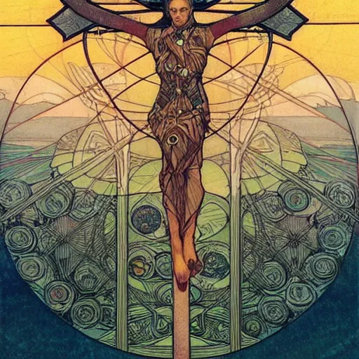 Prompt: a spiritual cross on top of a holy mountain, holy geometry, Mucha, Moebius, Mohrbacher