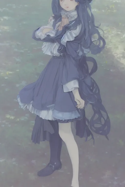 Image similar to a character design of a young lolita dressed girl, full body, grey and blue theme, wavy white long hair by krenz cushart and mucha and akihito yoshida and makoto shinkai and greg rutkowski, 4 k resolution