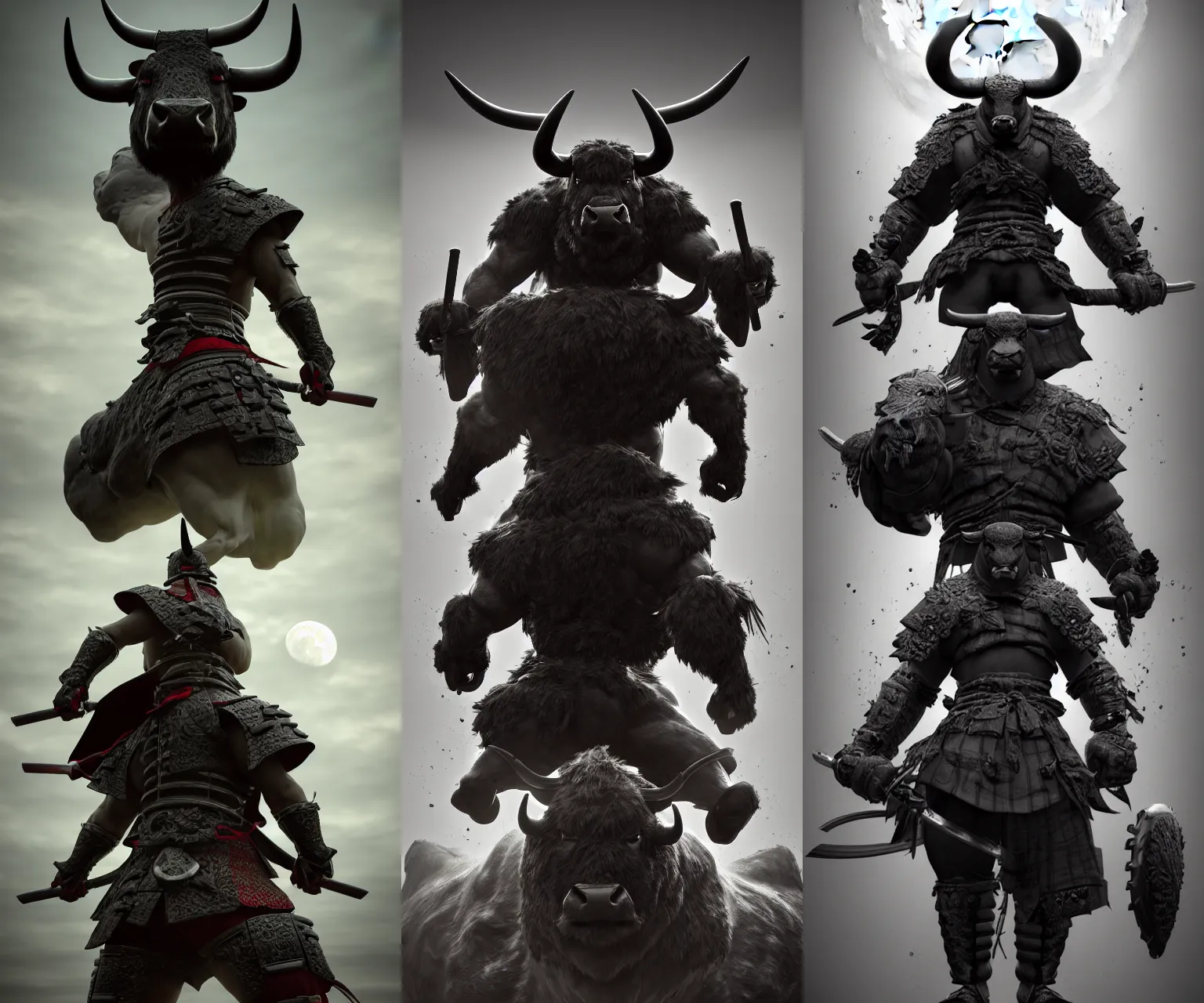 Prompt: anthropomorphic, half man half angus bull, black angus bull man samurai, Moon Bull Samurai, epic, samurai, stunning 3d render inspired art by Renato muccillo and Andreas Rocha and Johanna Rupprecht + symmetry + natural volumetric lighting, 8k octane beautifully detailed render, post-processing, highly detailed, intricate complexity, epic composition, magical atmosphere, cinematic lighting + masterpiece, trending on artstation