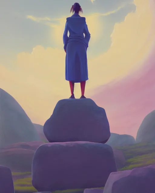 Image similar to a painting of a real woman standing in front of a huge stone statue, a screenshot by stanley twardowicz, cgsociety, aestheticism, aesthetic, vaporwave, anime aesthetic