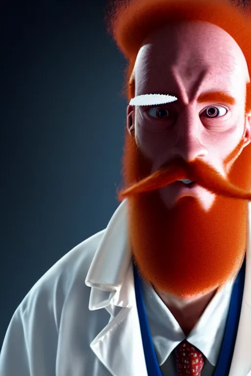 Image similar to an awkwardly tall scientist with 3 eyes and a tangled beard and unruly red hair atop his balding head wearing a labcoat and holding a beaker, high resolution film still, movie by Ivan Reitman, 3rd eye in the middle of the forehead