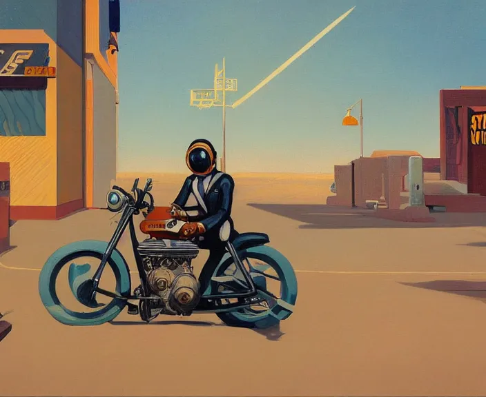 Image similar to a very detailed painting of a astronaut wearing a suit, riding a motorbike down a street, harley davidson motorbike, worm's - eye view, very fine brush strokes, very aesthetic, very futuristic, in the style of edward hopper and grant wood and syd mead, 4 k,