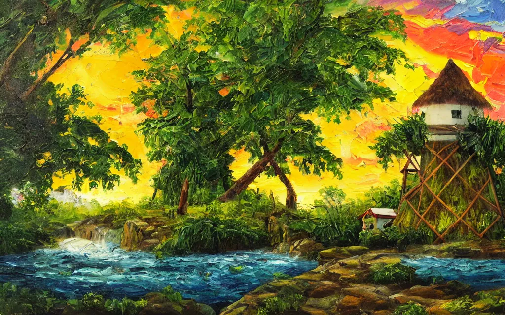 Image similar to a small island with a cozy cottage, tropical forest, river, waterfall, windmill, garden courtyard, sunset, puffy clouds, dynamic lighting, thick brush strokes oil impasto painting