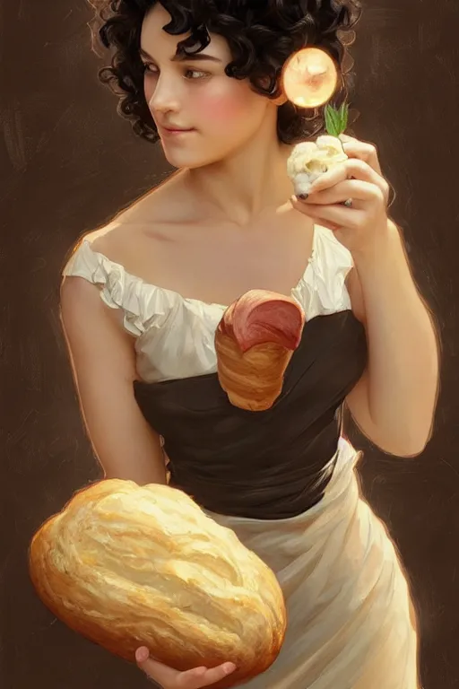 Prompt: beautiful cottagecore of a girl with short black curly hair, round face, cute face, holding a loaf of bread. intricate, elegant. highly detailed, digital painting, artstation, concept art, smooth, sharp, focus, illustration. . art by artgerm and greg rutkowski and alphonse mucha