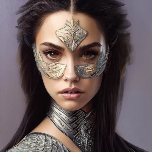 Image similar to portrait of madison beer wearing a skintight knight armor, intricate, elegant, highly detailed, digital painting, artstation, concept art, smooth, sharp focus, illustration, art by artgerm and greg rutkowski and alphonse mucha, 8 k