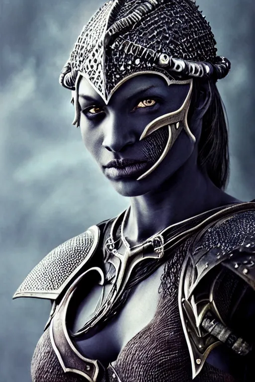 Image similar to head and shoulders portrait of an eldritch knight, drow, dark elf, shadar kai, female, breastplate, magical, high fantasy, d & d, by annie liebovitz, face details, extremely detailed, vogue fashion photo