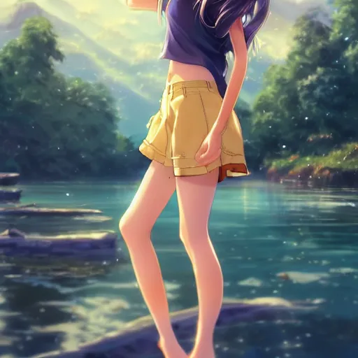 Image similar to a very beautiful anime girl, full body, long golden hair, sky blue eyes, full round face, short smile, short mini jeans skirt, cute top, summer lake setting, cinematic lighting, medium shot, mid-shot, highly detailed, trending on Artstation, Unreal Engine 4k, cinematic wallpaper by Stanley Artgerm Lau, WLOP, Rossdraws, James Jean, Andrei Riabovitchev, Marc Simonetti, and Sakimichan