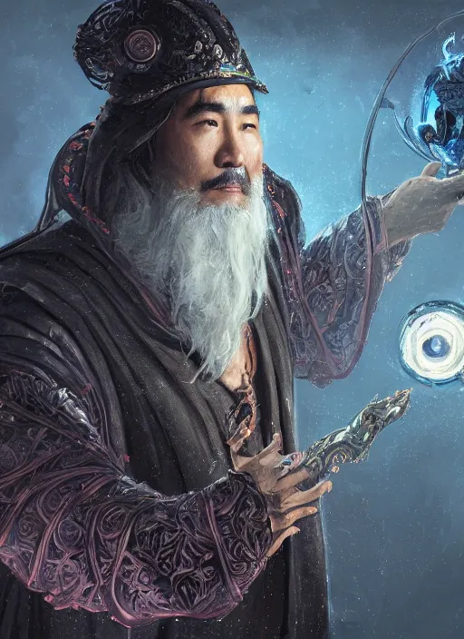 Image similar to a highly detailed illustration of Tony Leung Chiu-wai as wizard wearing ornate black robe and mage hat, dramatic wielding glowing orb pose, with guardian angle floating behind him, intricate, elegant, highly detailed, centered, digital painting, artstation, concept art, smooth, sharp focus, league of legends concept art, WLOP