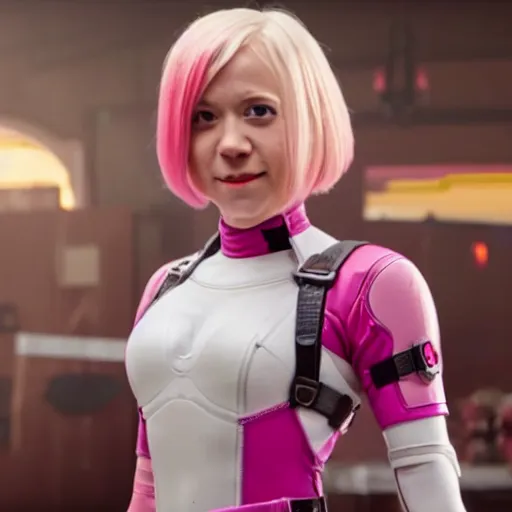 Prompt: A still of Gwenpool in Deadpool 3 (2023), beautiful face, blonde hair with pink highlights, no mask, white and light-pink outfit, smiling at the camera, katanas strapped to her back