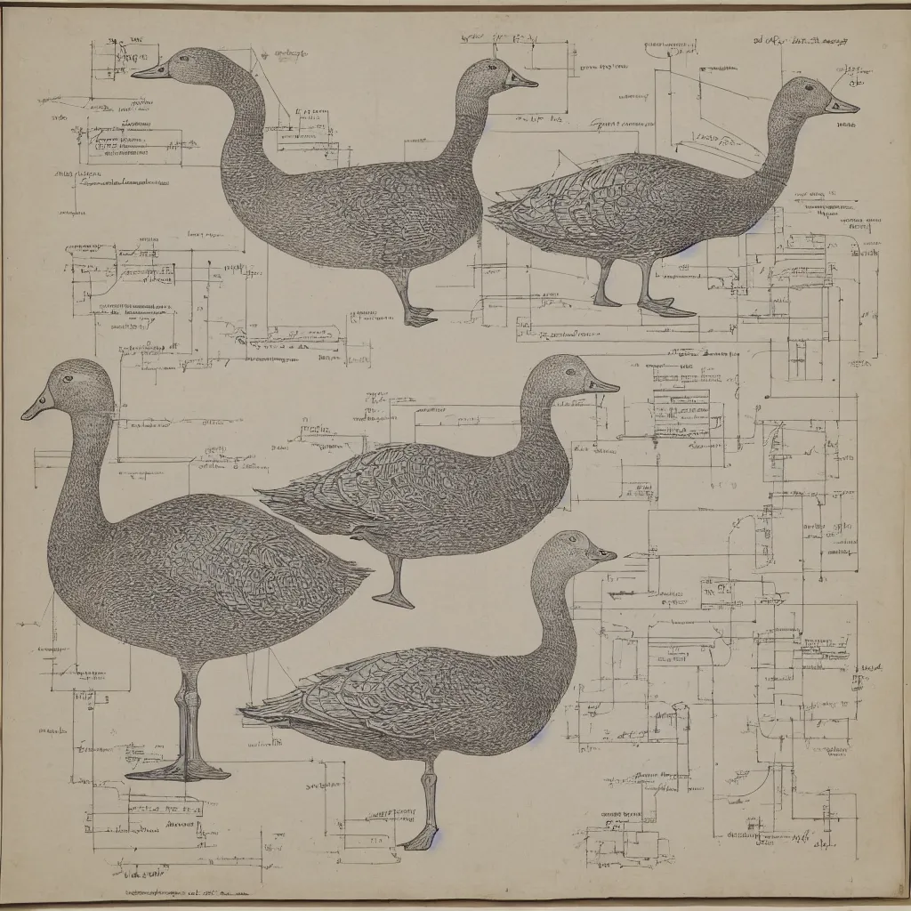 Image similar to blueprint of a goose, architecture diagram