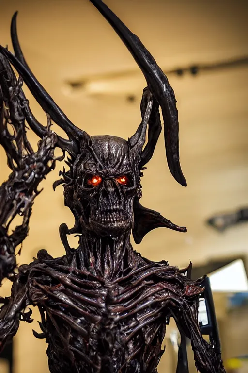 Prompt: photo taken of an epic intricate, ultra detailed, super realistic sculpture of a nightmarish hellish demonic grim reaper animatronic on display in a workshop, created by weta workshop, full body shots, photorealistic, sharp focus, f 0. 4, face centred, macro photography, golden ratio, golden hour