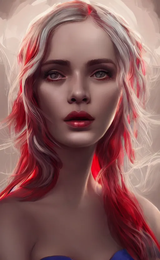 Image similar to the prettiest woman with silver blue hair, in a red and white dress portrait, dynamic lighting, fantasy concept art, trending on art station, stunning visuals, creative, cinematic, ultra detailed, ray tracing, sun rays, hyper realistic