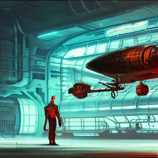 Image similar to concept art, retro - futurist steampunk pilot, airship hangar, imperious, octane render, artstation, dramatic neon lighting, glowing imperial motifs, eerie, mysterious, red turquoise accents, bladerunner, by gerald brom, james jean, syd mead, akihiko yoshida, cinematic w 1 0 2 4