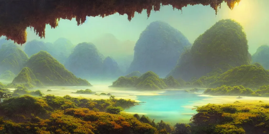 Prompt: beautiful lush exoplanetary surface, temperate forests, shallow seas, teeming with vast amounts of life, 4 k cinematic panoramic view, by bruce pennington, ted naysmith, evgeny lushpin