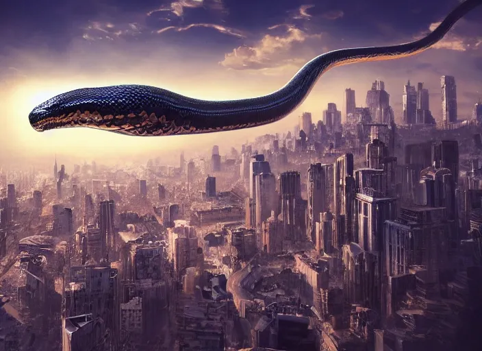 Prompt: a giant metallic snake over a city, soft colours, realistic, artstation, cinematic, digital art