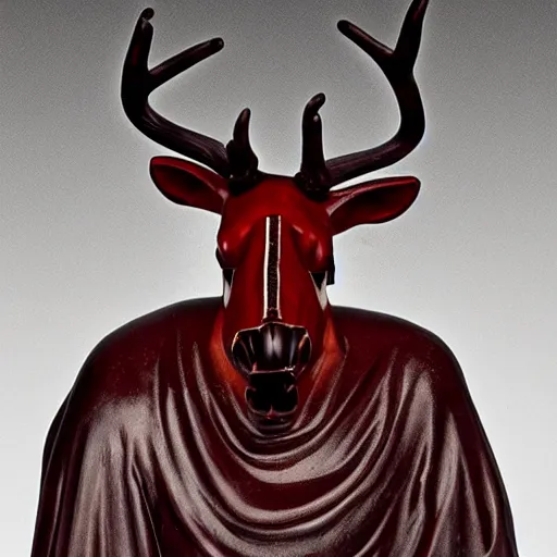 Prompt: an ominous haunting horse mask with many red eyes and twisting antlers figure wearing a black robe, ( ( ( head looking up ) ) ), full figure, statue