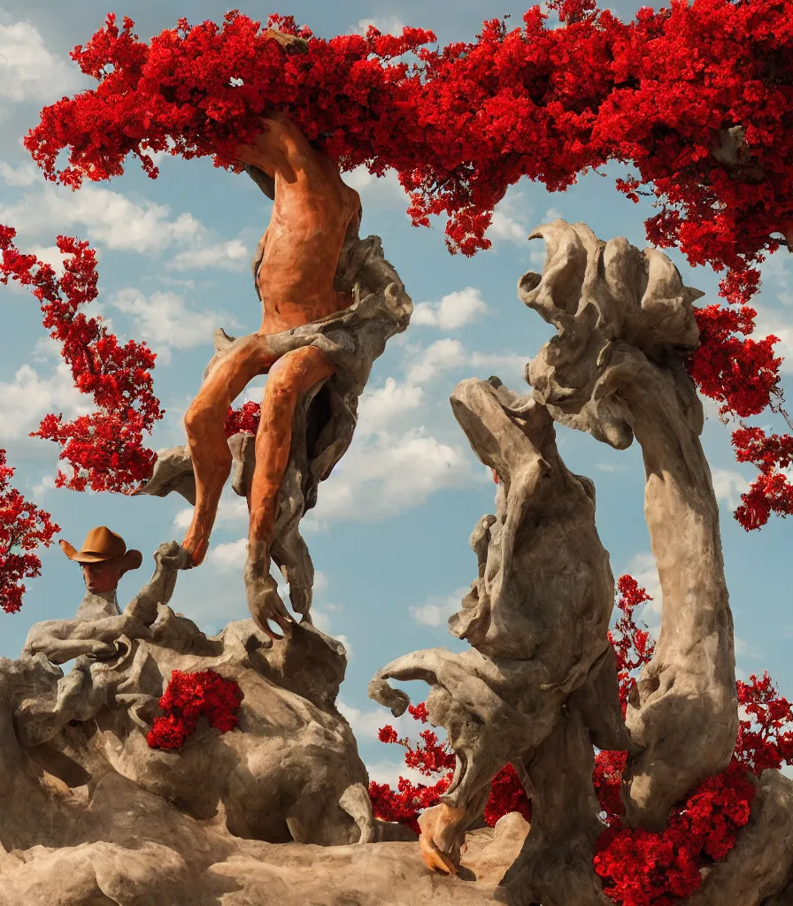 Image similar to a cowboy turning into blooms by slim aarons, by zhang kechun, by lynda benglis. tropical sea slugs, angular sharp tractor tires. complementary colors. warm soft volumetric dramatic light. national geographic. 8 k, rendered in octane, smooth gradients. sculpture by antonio canova. red accents.