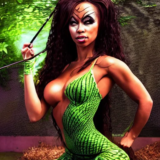 Prompt: Full body portrait of Brittany Renner as Poison Ivy from batman, Marijuana, Smoke, Sweat, curvy accentuated booty, Serving Body, Smoking, Curvy, Matte Painting, Soft Geometric 3d shapes, Vibrant, 8k, Epic Level of Detail, Trippy, :3 ,By saching teng + Trending on twitter :5