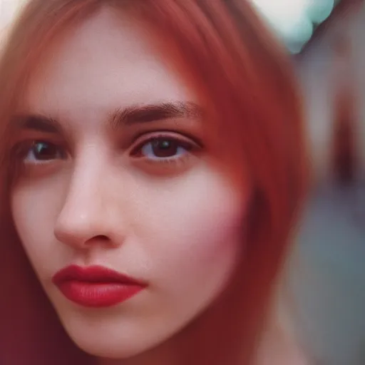 Image similar to Close-up of a gorgeous woman’s face looking at the camera, confident, holding a mirror creating refractions of colors everywhere, captured in low light and soft focus, cinestill 800t