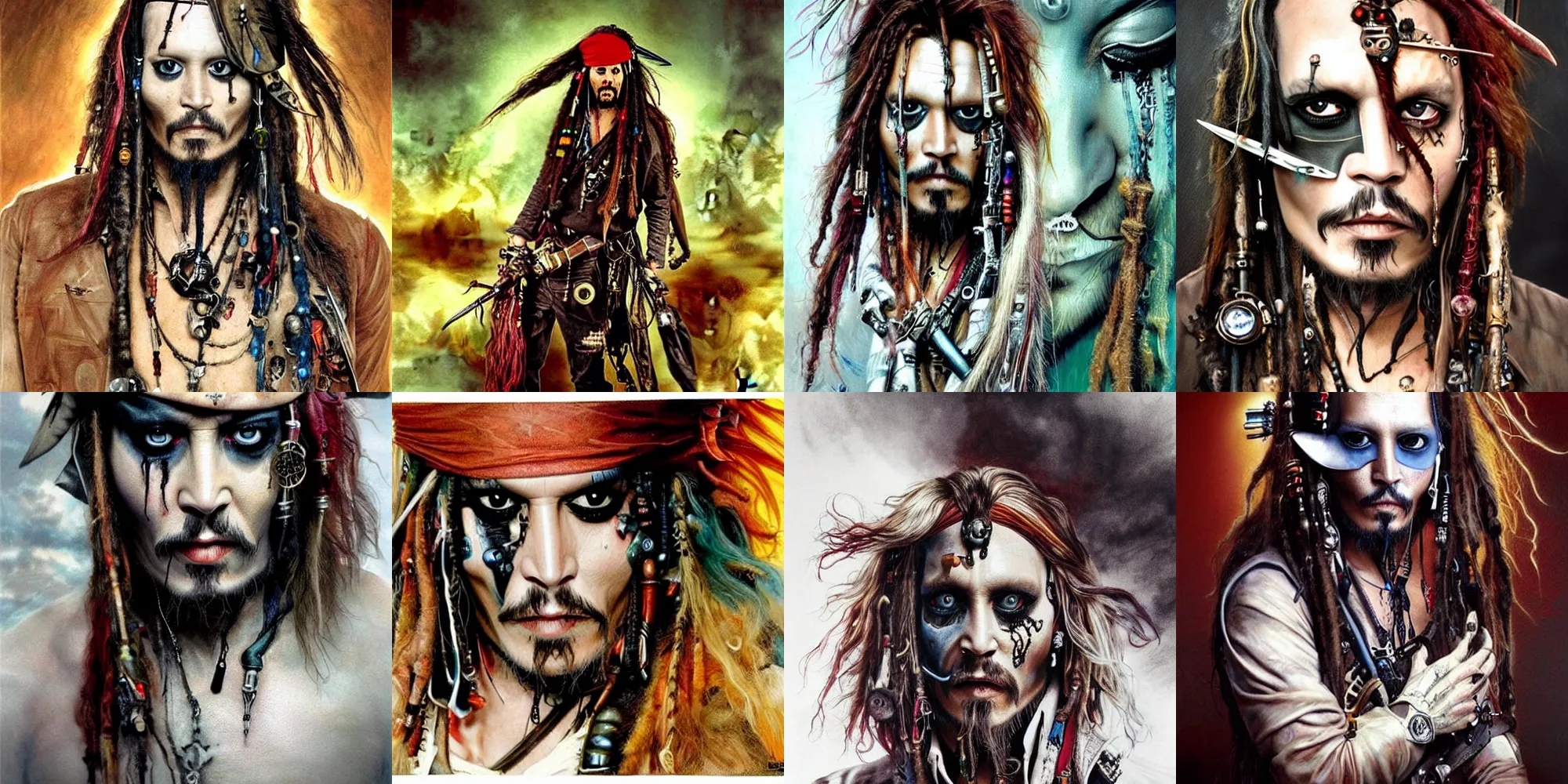 Prompt: dead cyborg Johnny Depp, Jack Sparrow embraced by passion, portrait, headshot, insane avant-garde professional hair style, dramatic hair color, emerald eyes, amber jewels, ornate clothing, baroque digital painting, epic cinematic, sci-fi, psychedelic, realistic, hyperdetailed, chiaroscuro, concept art, art by Jon Foster and Michael Whelan and Amano and Karol Bak