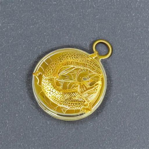 Image similar to Golden coin with koi fish etching on it inside a plastic ziplock bag —H 1024