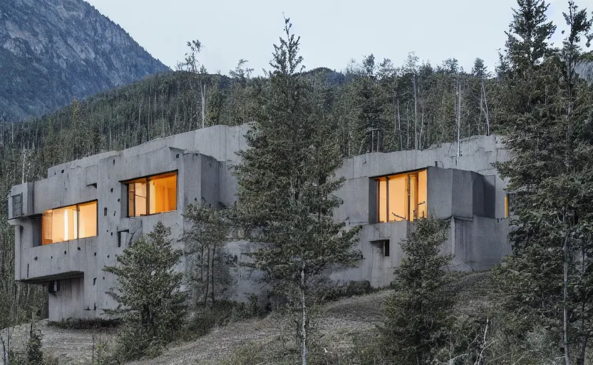 Image similar to Neo-future brutalist house on a secluded mountain with trees around