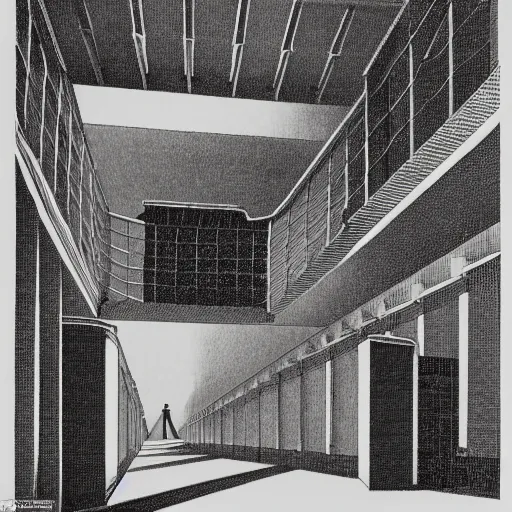 Prompt: an engraving by m.c. escher of a creepy prison with impossible geometry