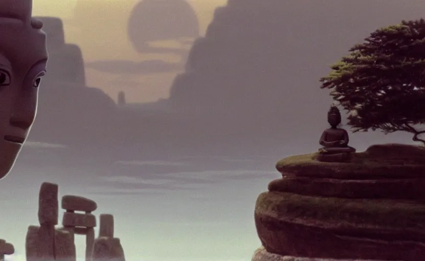 Image similar to movie still from studio ghibli movie showing a highly detailed landscape with a giant long haired buddha in lotus position with stonehenge in the background. 1 9 8 0 s science fiction, 1 9 7 0 s science fiction, cyberpunk, misty, depth perception, 4 k