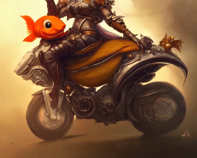 Prompt: a super cute anthropomorphic goldfish from final fantasy, sitting on a motorcycle, deep focus, d & d, fantasy, intricate, elegant, highly detailed, digital painting, artstation, concept art, matte, sharp focus, illustration, hearthstone, art by artgerm and greg rutkowski and alphonse mucha