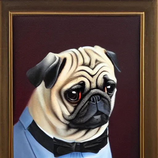 Image similar to pug in a suit, painting by ralph grady james, jean christian biville