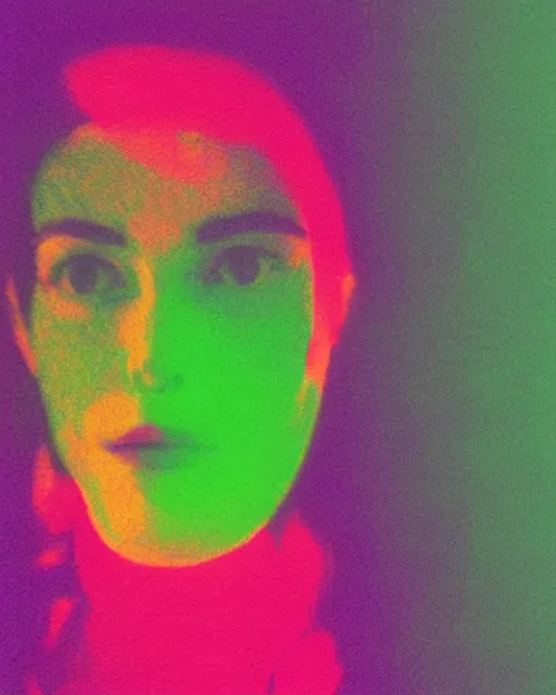 Prompt: featureless woman's face, blank expression, violet and yellow and green lighting, polaroid photo, 1 9 8 0 s cgi, atmospheric, whimsical and psychedelic, grainy, expired film, super glitched, corrupted file, color stains