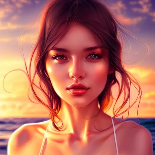 Prompt: symmetry!!!!!!! portrait of beautiful woman on the beach, hazel eyes, sunset, highly detailed, warm lighting, sharp focus, bokeh, trending on art station, digital painting by wlop, rossdraws, artgerm.