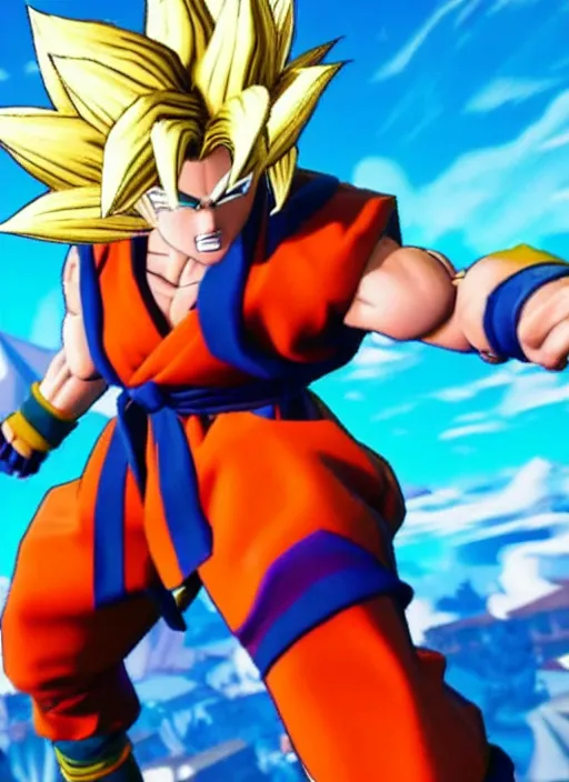 Image similar to game still of super sayan goku as a fortnite skin in fortnite.