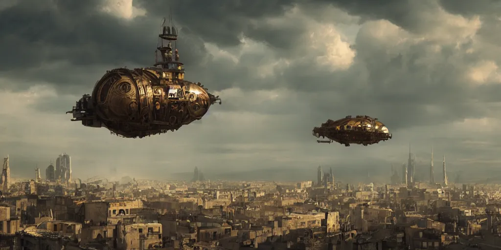 Prompt: a film still from jean - pierre jeunet by james paick - a steampunk airship hovers over the city, vibrant, 5 0 mm lens, movie environment design, behance hd, dramatic lighting, cinematic, global illumination, deviant art, trending on artstation, bloom