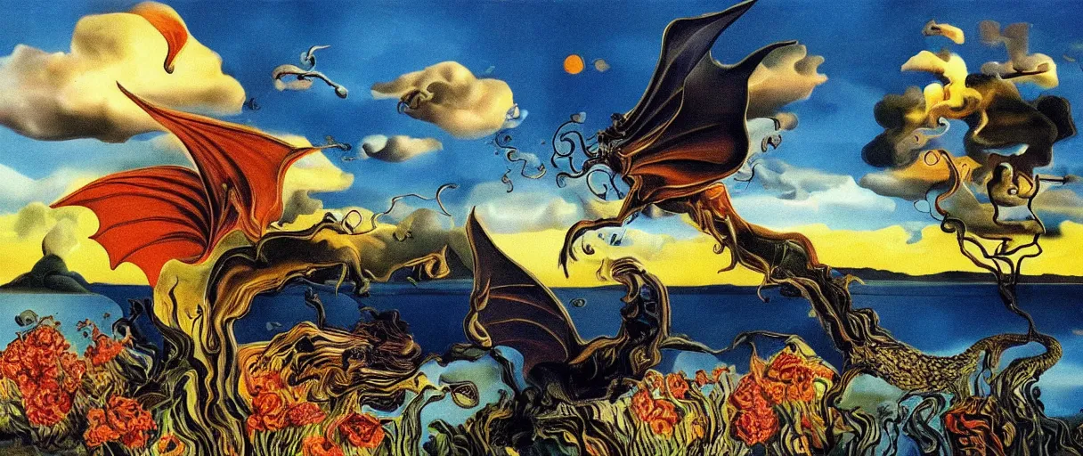 Prompt: a dream, flying bird, dragon, time, trees, flower, lake, fire, cloud, wind, cliff, surreal, by salvador dali