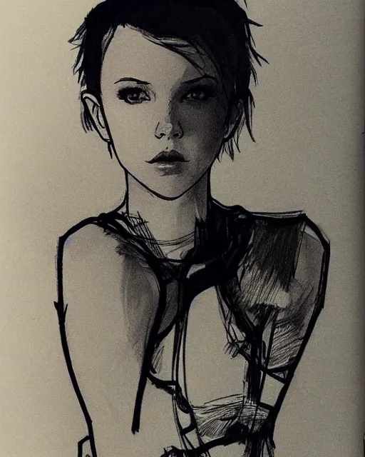 Image similar to pen sketch of millie bobby brown with short hair by yoji shinkawa