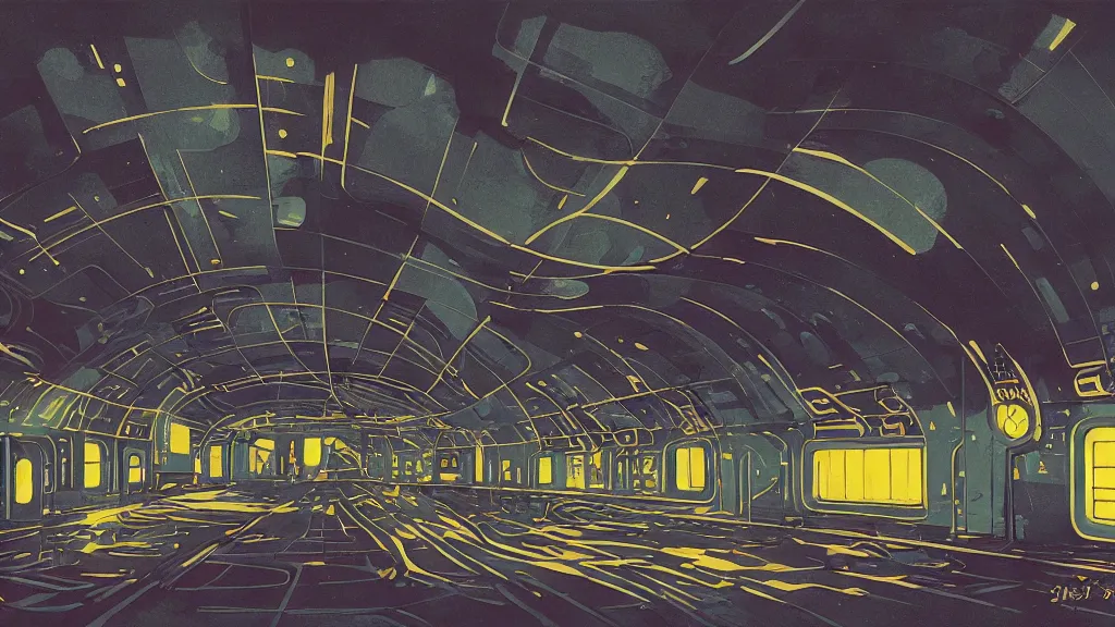 Prompt: 7 0 s sci - fi train station interior, retrofuturism, gouache, animated film, stylised, illustration, by eyvind earle, scott wills, genndy tartakovski