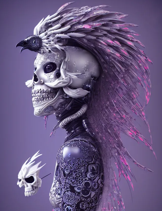 Image similar to 3 d goddess close - up profile simple portrait cybernetic with skull. beautiful intricately detailed japanese crow kitsune mask and clasical japanese kimono. betta fish, jellyfish phoenix, bio luminescent, plasma, ice, water, wind, creature, artwork by tooth wu and wlop and beeple and greg rutkowski