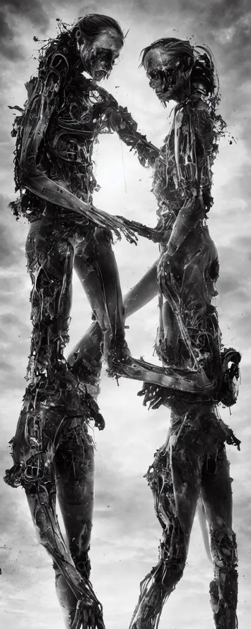 Image similar to twinned conjoined sisters Emma Watson action poses dishevelled photorealistic portrait grimy sweating wet face dirty t-shirt and torn jeans in broken biomechanical fractal armour abandoned exploding sci-fi gas station, dark and dim atmospheric smog trending on artstation 8k matte painting, dramatic lighting, dramatic shadows professional photograph by Herb Ritts