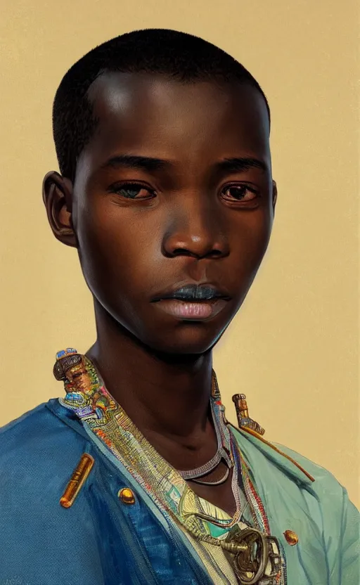 Image similar to colourful upper half portrait of an african boy with sliver teeth grillz, art by hsiao - ron cheng & alphonse mucha, highly detailed, digital painting, ray tracing, concept art, illustration, smooth sharp focus, intricate, symmetry, artstation,