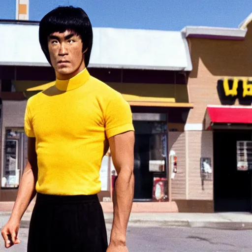 Prompt: 8 k portrait photograph of bruce lee standing in front of a wafflehouse