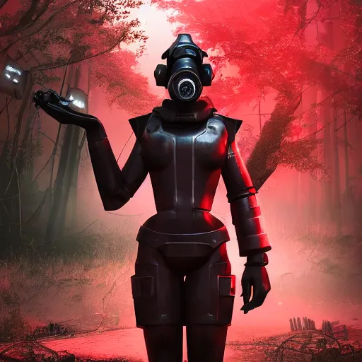 Prompt: A girl in a noir outfit stands next to a power armor from the company core-cola, red coloring, stands against the background of a radioactive forest, graphics, fallout 4 render, 3d computer render, maximum details, rain, night, spotlight,