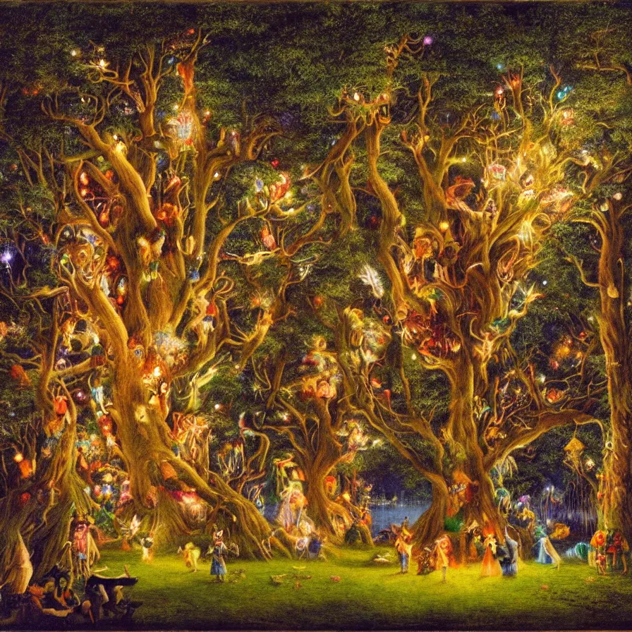 Image similar to a night carnival around a magical tree cavity, with a surreal orange moonlight and fireworks in the background, next to a big lake with iridiscent water, christmas lights, folklore animals and people disguised as fantastic creatures in a magical forest by summer night, masterpiece painted by edward robert hughes, dark night environment