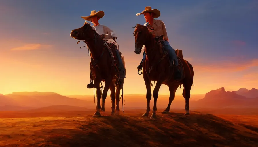 Prompt: cow - boy and his horse admiring sunset from the edge of a hill, desert, hyperdetailed, artstation, cgsociety, 8 k