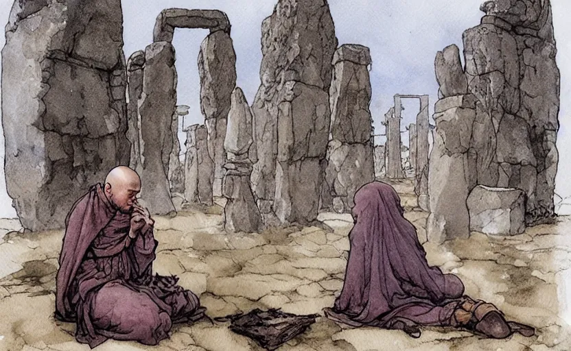 Image similar to a realistic and atmospheric watercolor fantasy concept art of giant monk in grey robes sitting in stonehenge. in the foreground a small female medieval monk in grey robes is kneeling with her hands by her sides. by rebecca guay, michael kaluta, charles vess