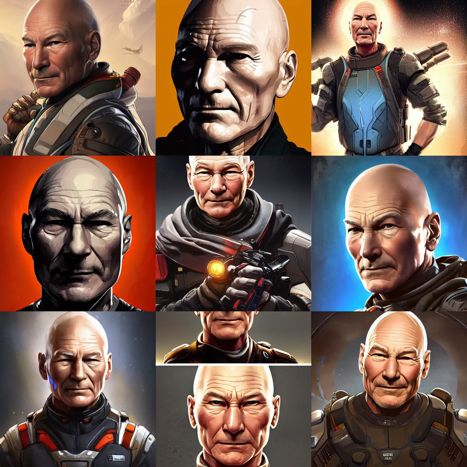 Prompt: patrick stewart as an apex legends character digital illustration portrait design by, mark brooks and brad kunkle detailed, gorgeous lighting, wide angle action dynamic portrait